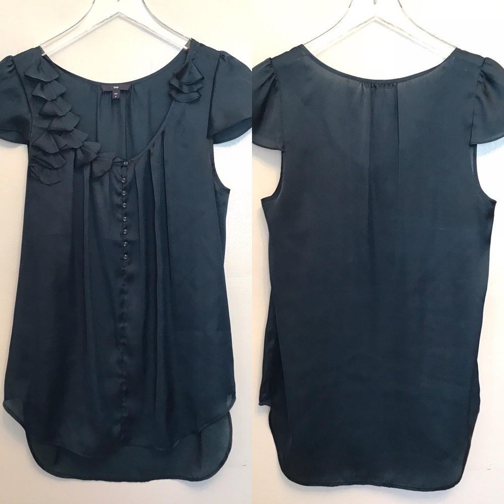 Gap Blue Cap Sleeve Ruffle Detail Button Top Sz M